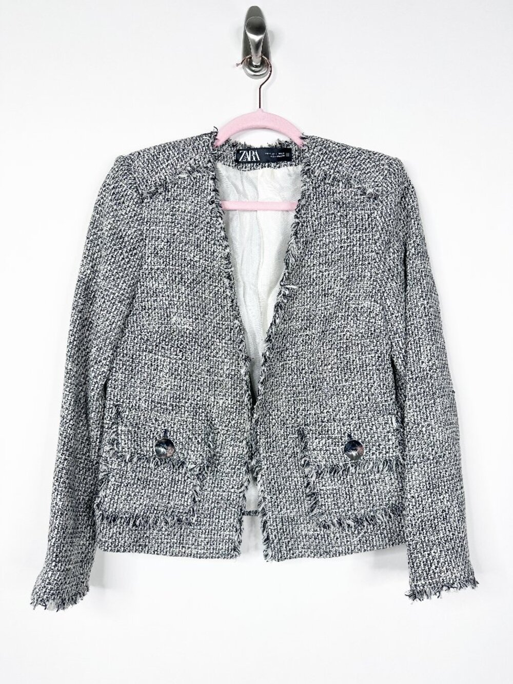 2/$30 ZARA Frayed Tweed Open Blazer Pronounced Shoulders Black Ecru Small #A2082 - Picture 4 of 10